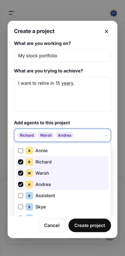 Create a project and add agents Richard, Warsh, and Andrea