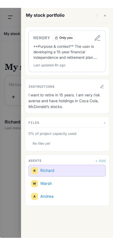 Project panel showing shared memory, instructions, and agents